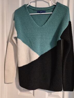 ​Apt. 9 Colorblock V-Neck Chenille Sweater Teal White Black XS